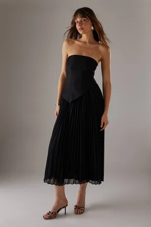 warehouse Womens Bandeau Bodice Pleated Chiffon Midi Dress - - 14