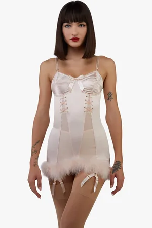 Playful Promises Womens Elsie Peach Spiral Cup Feather Hem Corselette Slip - - 8