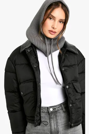 Boohoo Womens Faux Leather Contrast Collar Puffer Jacket - - 14