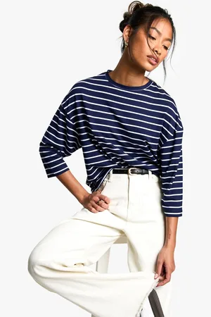 Boohoo Womens Stripe 3/4 Sleeve Crew Neck Top - - 6