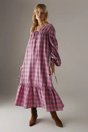 warehouse Womens Gathered Channel Detail Check Midi Smock Dress - - 16