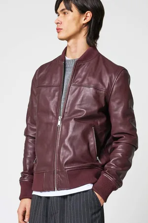 Barneys Originals Burgundy Real Leather Bomber Jacket - - L