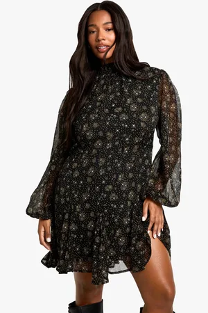 Boohoo Womens Plus Chiffon Printed High Neck Skater Dress - - 26