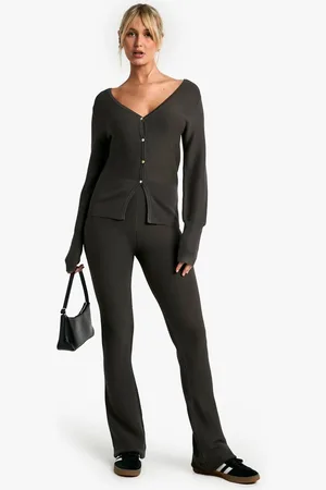 Boohoo Womens Premium Rib Knit Cinched Waist Cardigan and Flare Trouser Co-Ord - - M