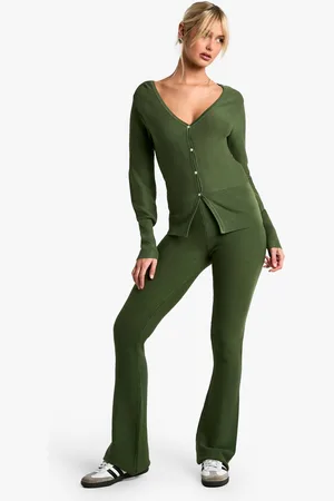 Boohoo Womens Premium Rib Knit Cinched Waist Cardigan and Flare Trouser Co-Ord - - M