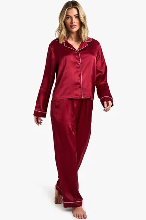 Boohoo Womens Petite Satin Piping Detail Long Sleeve Shirt & Trousers Pyjama Set - - 16