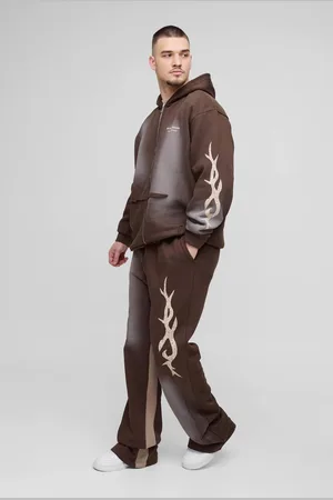Boohoo Tall Oversized Zip Thru Graphic Spray Wash Hooded Relaxed Flare Tracksuit - - L