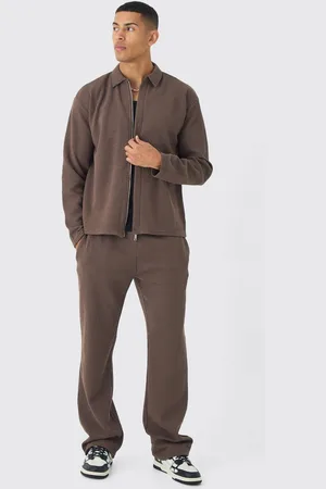 Boohoo Oversized Two-tone Zip Ribbed Jersey Shirt & Straight Jogger Set - - M