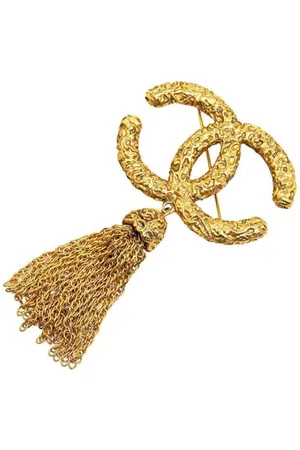 CHANEL Preloved CC Logo Tassel Brooch Gold Women Brooches - - One Size