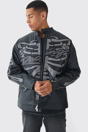 Boohoo Oversized Ribcage Applique PU Moto Jacket In - S