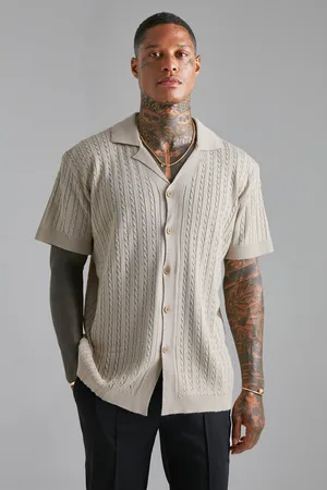 Boohoo Short Sleeve Revere Cable Knit Shirt - - S