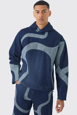Boohoo Boxy Denim Patchwork Applique Hoodie - - XL