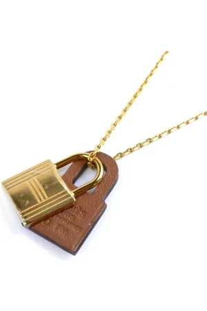 Hermès Preloved Padlock Necklace Brown Leather Women - Gold - - One Size