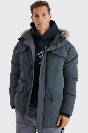 Boohoo Tall Faux Fur Hooded Arctic Parka Jacket in Charcoal - - S