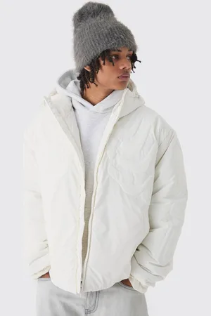Boohoo Oversized Skeleton Embossed Hooded Coat In Ecru - - L