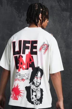 Boohoo Trippie Redd Oversized Extended Neck Heavyweight Washed Life T-shirt - - M