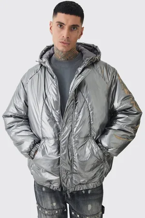 Boohoo Tall Oversized Metallic Hooded Puffer Jacket In Charcoal - - L