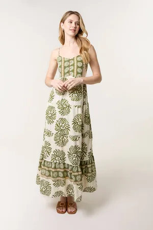 Blue Vanilla Womens Khaki Abstract Strappy Button Front Maxi Dress - - L