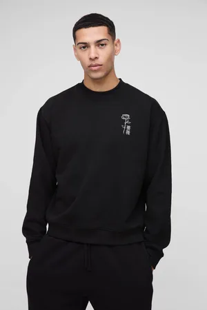 Boohoo Oversized Extended Neck Boxy Line Drawn Floral Rose Embroidered Sweat - - L