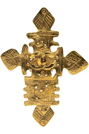 CHANEL Preloved Cross Pendant Gold Women Brooches - - One Size