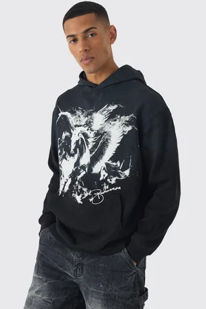 Boohoo Oversized Flame Horse Printed Spray Wash Hoodie - - M