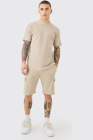 Boohoo Slim Waffle T-shirt & Cargo Short Set - - L