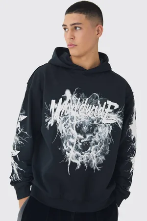 Boohoo Oversized Loopback Raw Seams Worldwide Printed Hoodie - - M