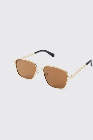 Boohoo Gold Metal With Brown Lense Aviator Sunglasses - - One Size