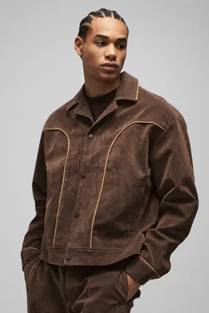 Boohoo Boxy Faux Suede Western Piped Lapel Harrington Jacket - - M