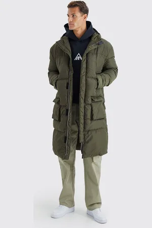 Boohoo Tall 4 Pocket Longline Hooded Puffer Jacket in Khaki - - S