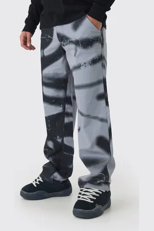 Boohoo Fixed Waist Relaxed Twill Graffiti Printed Trousers - - 36