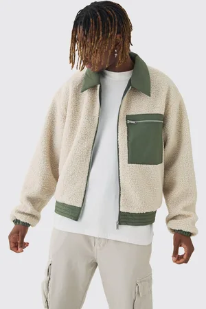 Boohoo Tall Boxy Borg And Nylon Collared Bomber Jacket In Ecru - - XXL