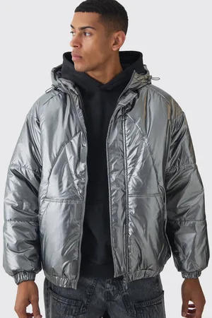 Boohoo Oversized Metallic Hooded Puffer In Charcoal - - L