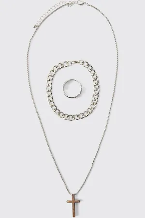 Boohoo Cross Necklace, Ring And Bracelet Set In Silver - - S/M