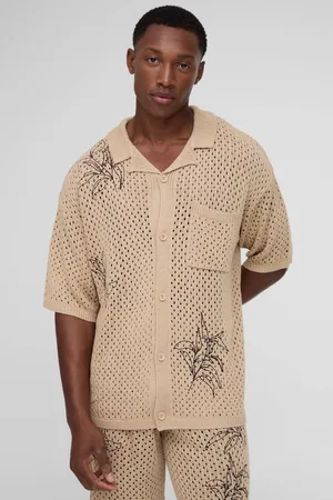 Boohoo Oversized Boxy Floral Embroidered Open Stitch Knitted Shirt - - M