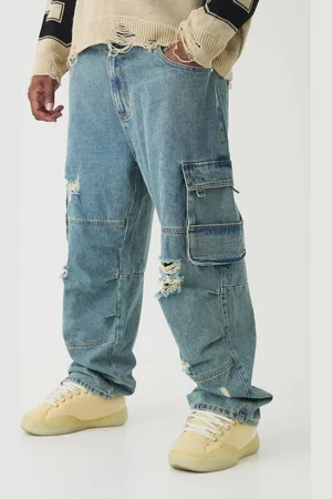 Boohoo Plus Distressed Cargo Relaxed Fit Jeans - - 40