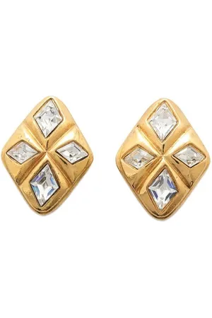 CHANEL Preloved Crystal Stud Earrings Geometric Design Women - Gold - - One Size
