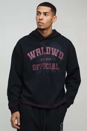 Boohoo Oversized Boxy Varsity Worldwide Printed Raw Hem Hoodie - - M