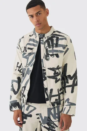Boohoo Slim Boxy Denim Graffiti Laser Print Biker Jacket - - XXS
