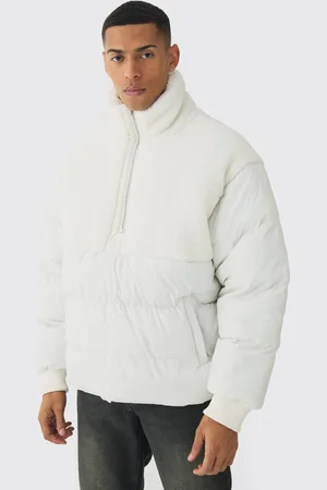 Boohoo Half Zip Borg And Nylon Funnel Neck Puffer Jacket In Ecru - - XS