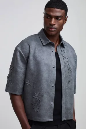 Boohoo Oversized Boxy Faux Suede 3D Floral Shirt - - L