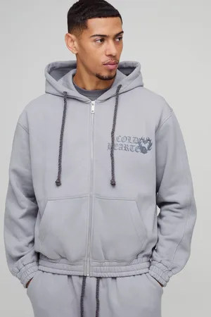 Boohoo Oversized Boxy Heart Printed Twisted Drawcords Zip Through Hoodie - - M