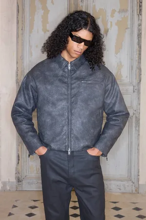 Boohoo Premium Boxy Fit Faux Leather Harrington Jacket In Charcoal - - XL