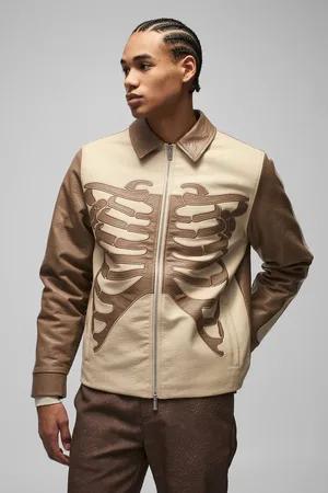 Boohoo Regular Fit Tumbled PU Skeleton Applique Harrington Jacket - - M