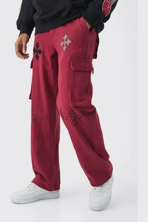 Boohoo Twill Fixed Waist Relaxed Cross Applique Cargo Trousers - - 28