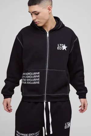 Boohoo Oversized Boxy Contrast Stitch Printed Zip Through Hoodie - - L
