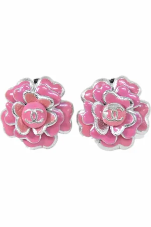 CHANEL Preloved Camelia Flower Earrings Pink Enamel Women - Silver - - One Size