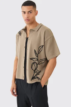 Boohoo Boxy Jacquard Knit Floral Detail Shirt In Taupe - - S