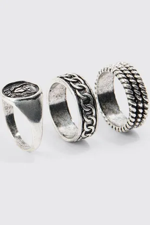Boohoo 3 Pack Embossed Rings In Silver - - M/L