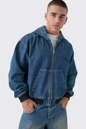Boohoo Boxy Denim Embroidered Hoodie - - XL